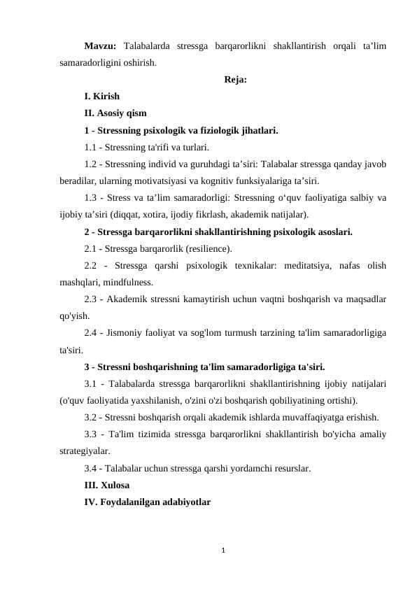 Talabalarda stressga barqarorlikni shakllantirish orqali taʼlim samaradorligini oshirish