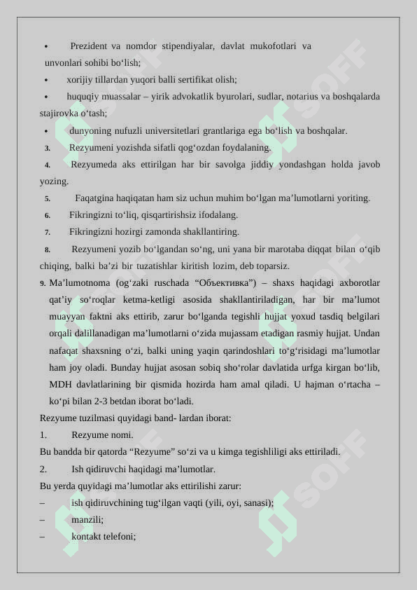 Rezume, CV, Ma'lumotnoma hujjatlari 7