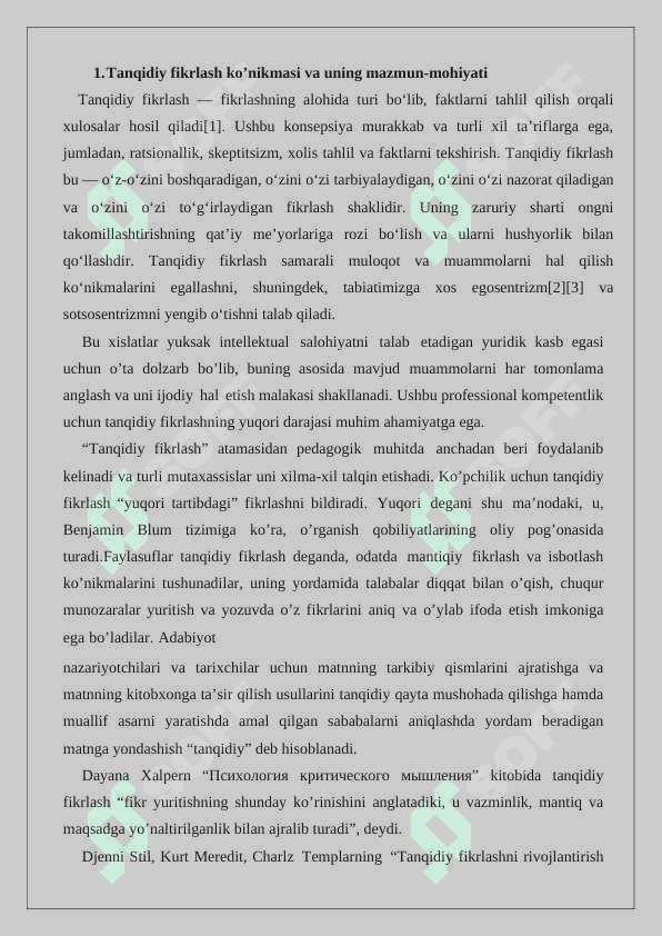 Tanqidiy fikrlash ko'nikmasi va uning mazmun-mohiyati. Tanqidiy fikrlashni rivojlantirish fazalari 24 2