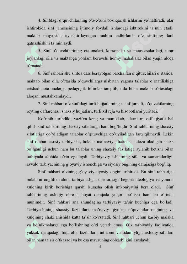 Maktabda tarbiyaviy ishlar tizimida sinf rahbarining  faoliyatiga qo’yiladigan talablar 4