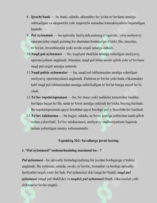 PUL AYLANMASI VA UNING TARKIBI MAVZUSI ASOSIDA AMALIY MASHGULOTLAR UCHUN TUZILGAN TOPSHIRIQLAR 2