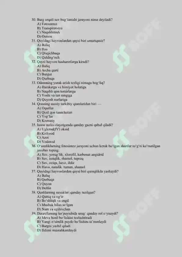 5-sinf darsligi bo'yicha 100talik test (javoblari bilan) 4