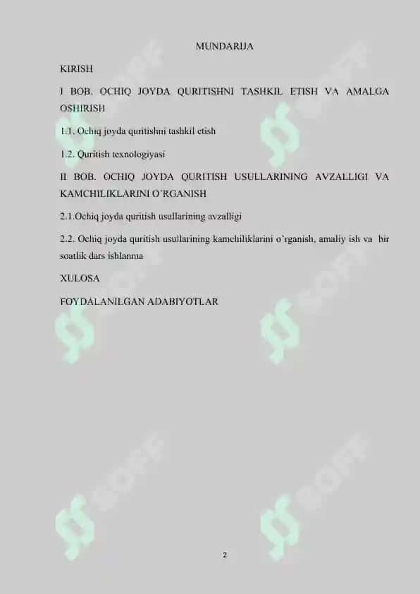 Ochiq joyda quritishni tashkil etish va amalga oshirish, ochiq joyda quritish usullarining avzalligi va kamchiliklarini o’rganish 2