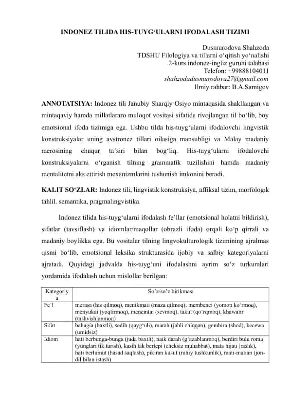 Indonez tilida his-tuygʻularni ifodalash tizimi