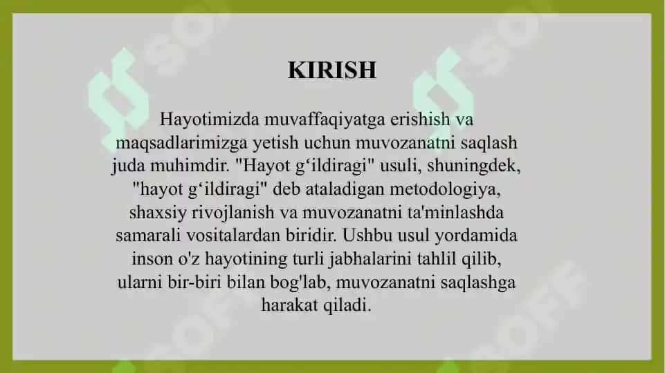 Hayot gʻildiragi usuli bilan hayot muvozanati 2