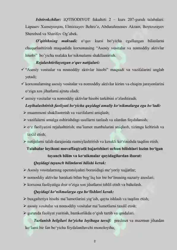 Asosiy vositalar va nomoddiy aktivlar hisobi 2