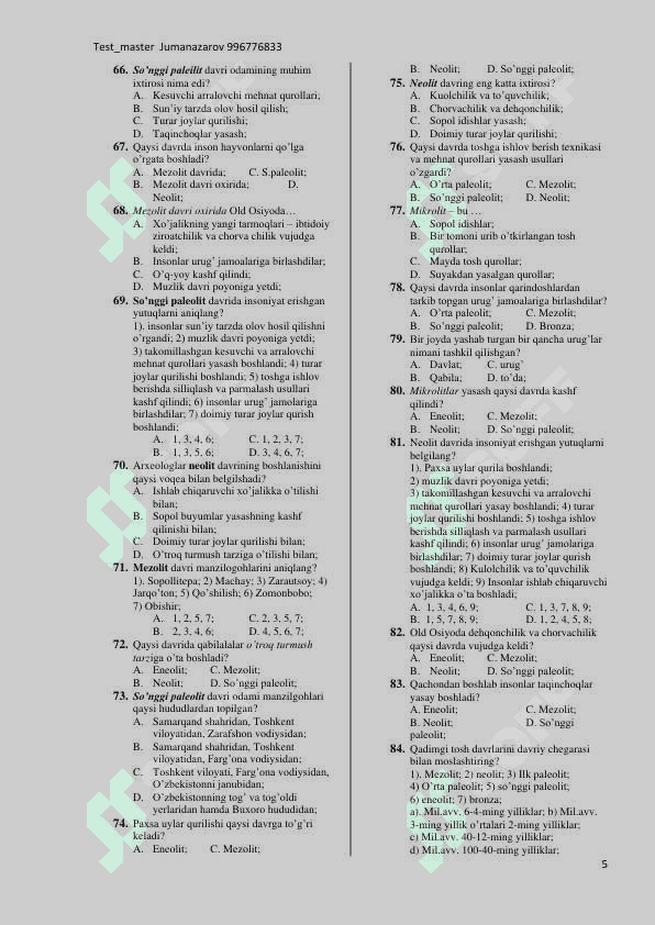 Tarix mavzulashtirilgan test savollari 6-sinf 5