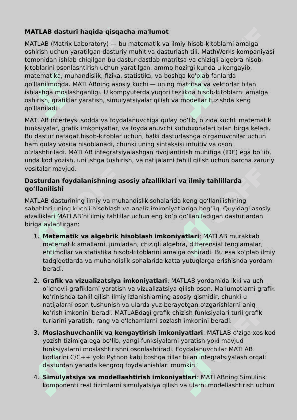 MATLAB dagi asosiy funksiyalar hamda ularning qo`llanilishi. 2
