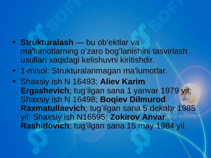 Ma'lumotlar ombori. Ma'lumotlar omborini boshqarish tizimlari. Ma'lumotlar omborini yaratish texnologiyalari 5