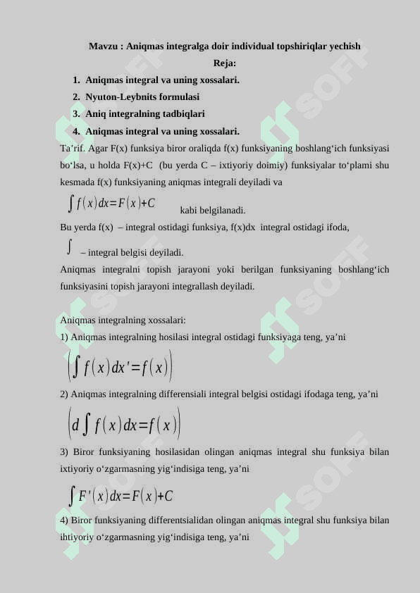 Aniqmas integralga doir individual topshiriqlar yechish 2