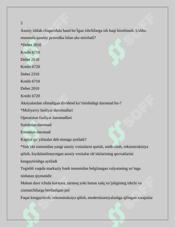 BUXGALTERIYA HISOBI FANIDAN YAKUNIY TEST SAVOLLARI JAVOBLARI BILAN 6