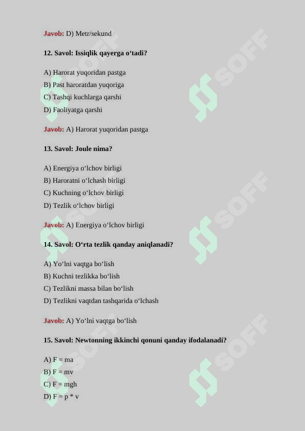 Fizika fanidan 30 ta test savollari javoblari bilan 4