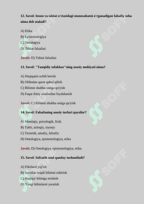 Falsafa fanidan 30 ta test savollari javoblari bilan 4