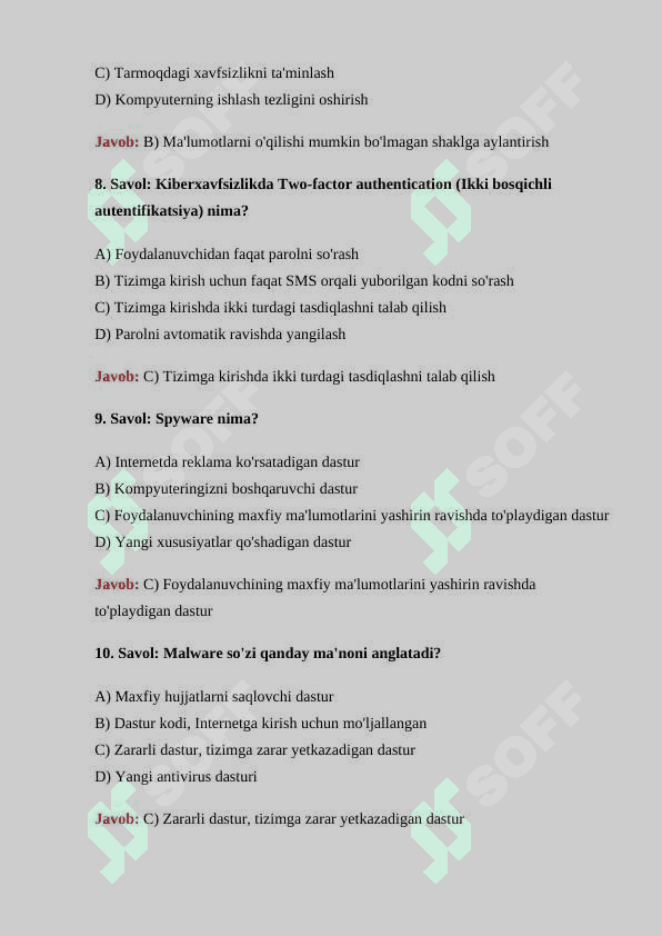Kiberxavfsizlik boʻyicha 30 ta test savollari  javoblari bilan 3