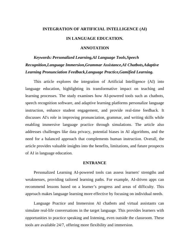 INTEGRATION OF ARTIFICIAL INTELLIGENCE (AI) IN LANGUAGE EDUCATION.
