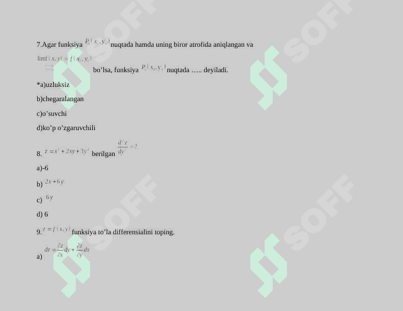 Matematik analizdan yakuniy nazorat test 3