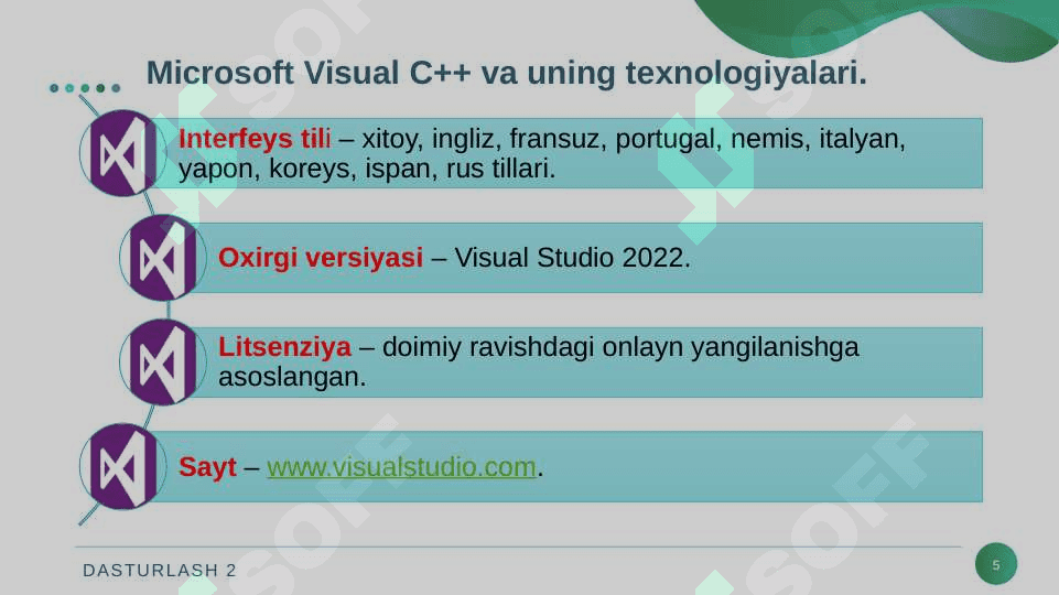 VISUAL C++ MUHITIDA DASTURLASH. VISUAL C++ MUHITIDA MENYULAR VA USKUNALAR PANELI. 5