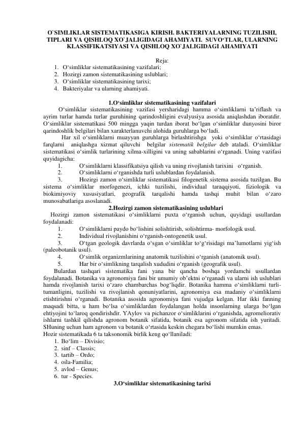 . BAKTERIYALARNING TUZILISHI, TIPLARI VA QISHLOQ XO`JALIGIDAGI AHAMIYATI. SUVO‘TLAR, ULARNING KLASSIFIKATSIYASI VA QISHLOQ XO`JALIGIDAGI AHAMIYATI