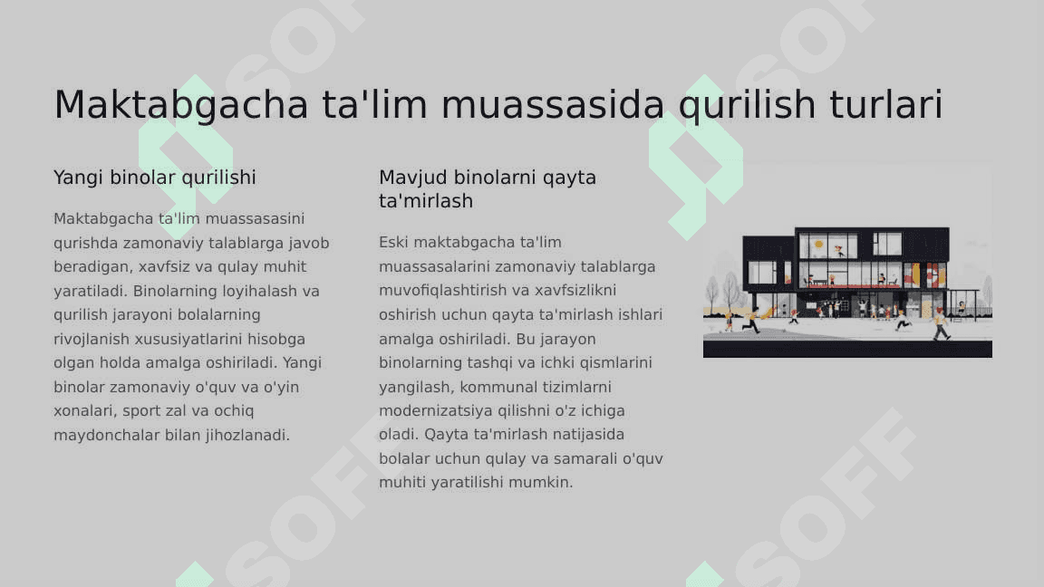 Maktabgacha ta'lim muassasasi qurilishi va bezaklari 3
