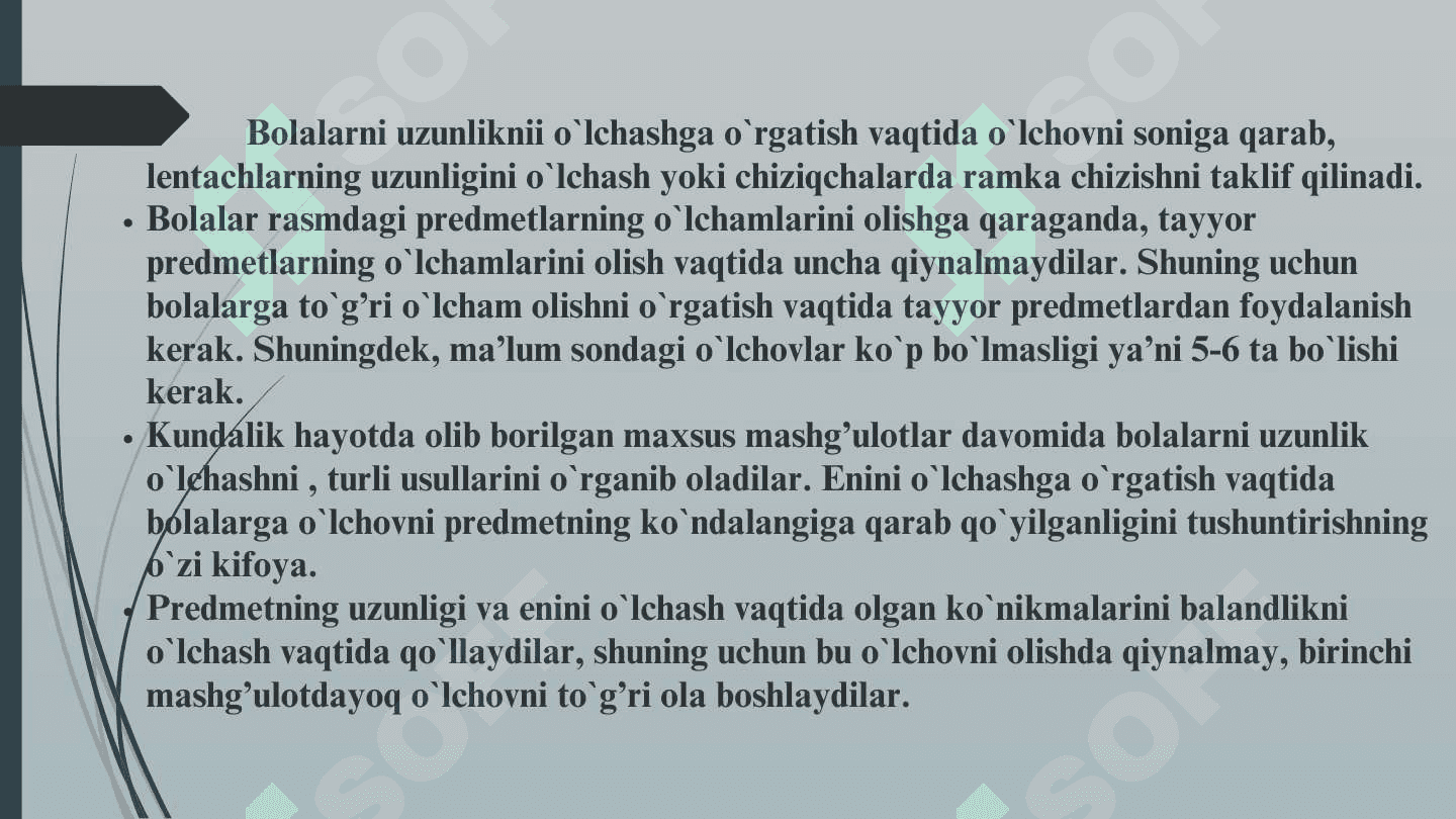 Bolalarda shartli o`lchov yordamida turli o`lchamlarni o`lchash haqidagi tasavvurlarni shakllantirish 4