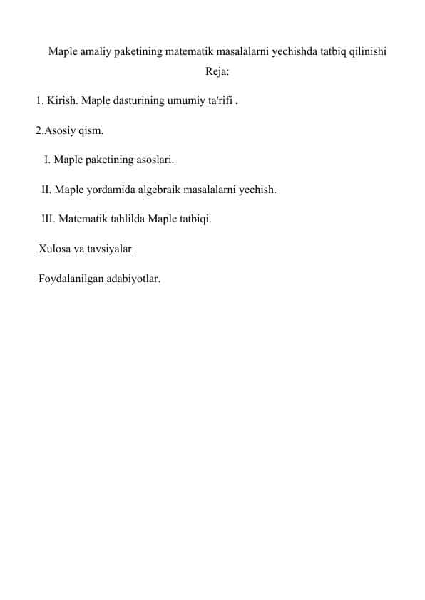 Maple amaliy paketining matematik masalalarni yechishda tatbiq qilinishi