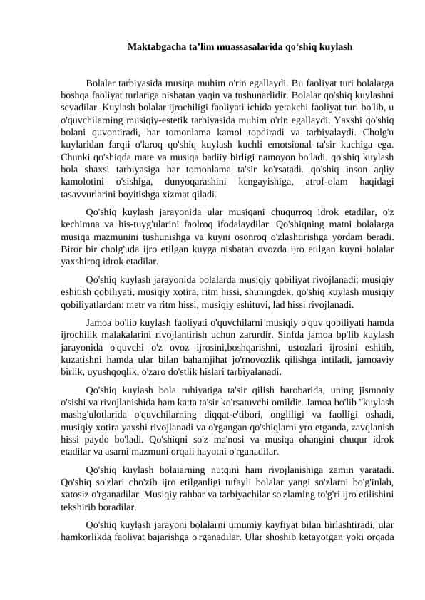 Maktabgacha ta’lim muassasalarida qo‘shiq kuylash