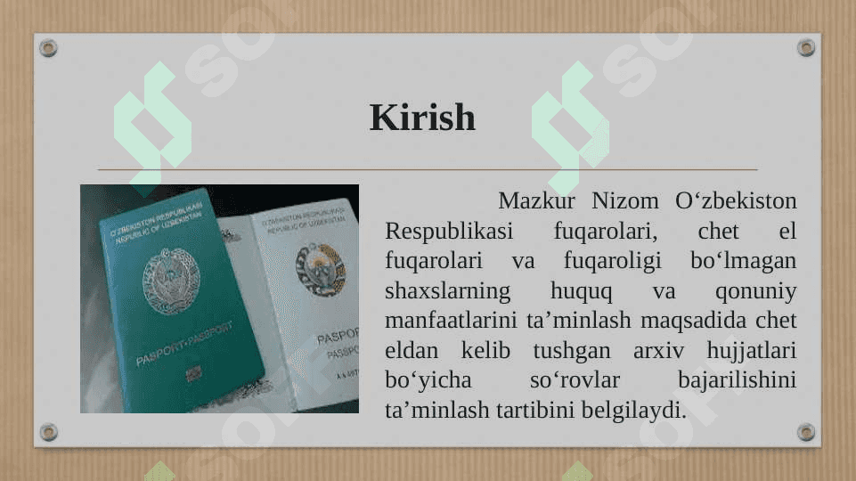 Oʼzbekiston Respublikasi fuqarolari, chet el fuqarolari va fuqaroligi boʼlmagan shaxslarning huquqlari va qonuniy manfaatlarini taʼminlash yuzasidan xorijdan kelib tushgan arxiv hujjatlari boʼyicha soʼrovlar ijrosini taʼminlash tartibi toʼgʼrisida NIZOM 4