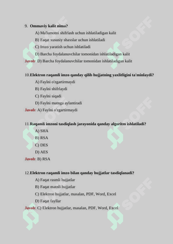 Elektron raqamli imzo bo'yicha test savollari va ularning javoblari javoblari bilan 3