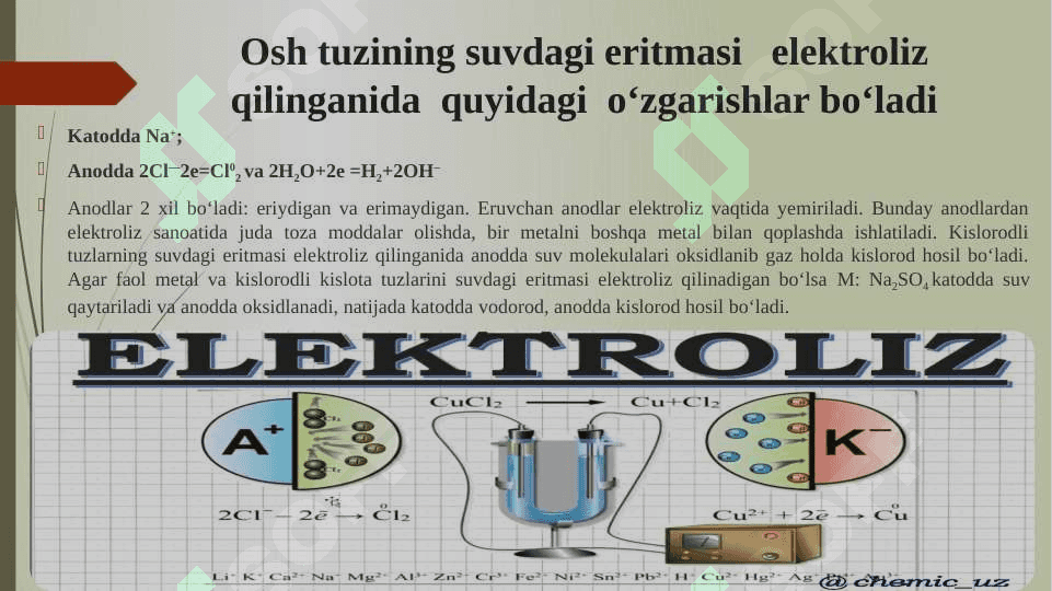 Suyuqlanmalar va eritmalar elektrolizining amaliy qoyidalari va ulardan kimyoviy texnologiyada foydalanish. 8
