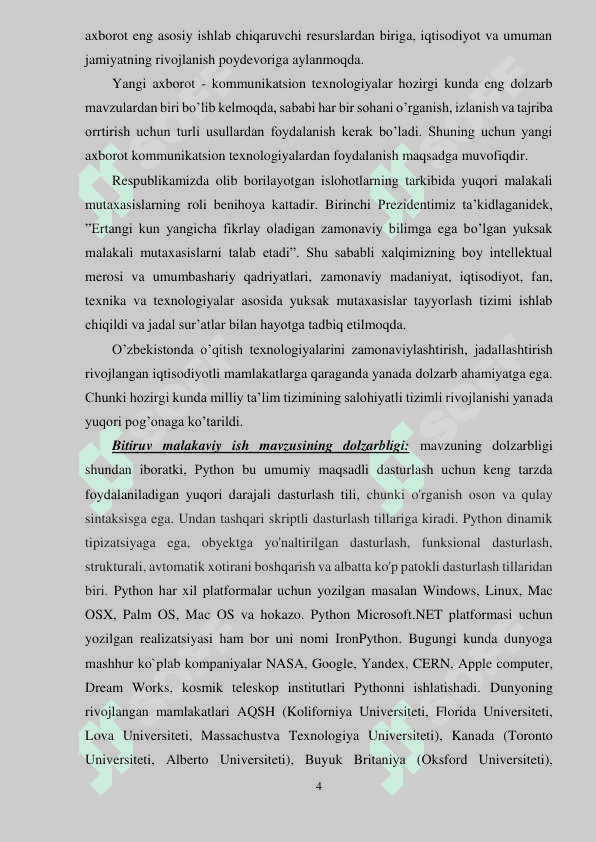 PYTHON DASTURLASH TILI VA UNING IMKONIYATLARI BO`YICHA USLUBIY QO`LLANMA bitiruv malakaviy ishi 4
