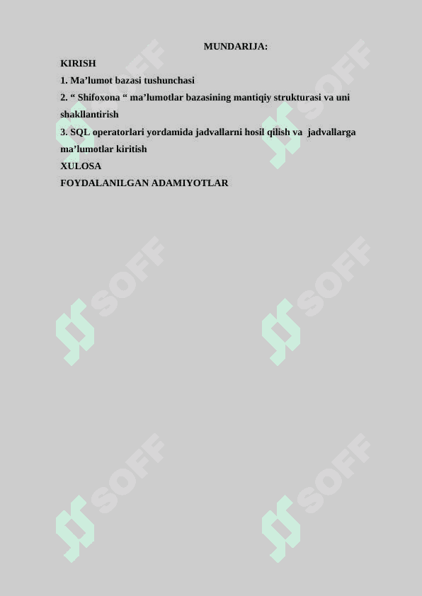 Shifoxona ma`lumotlar bazasini shakllantirish. 2
