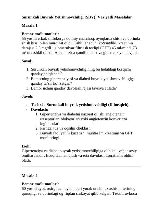Surunkali buyrak yetishmovchiligi. Vaziyatli masalalar