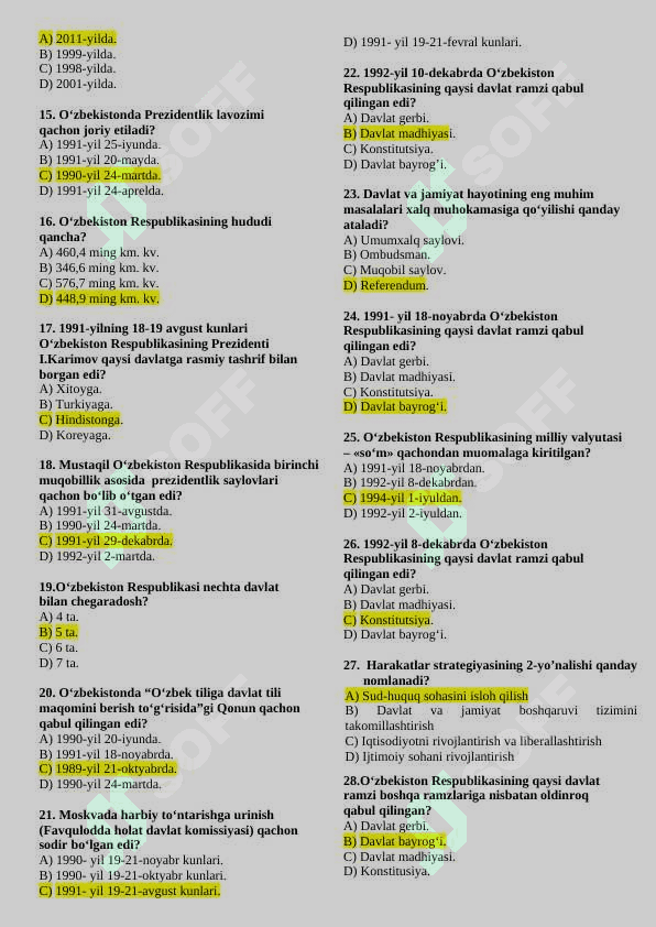 O‘ZBEKISTONNING ENG YANGI TARIXI FANIDAN YAKUNIY NAZORAT TEST SAVOLLARI (275 TA 2