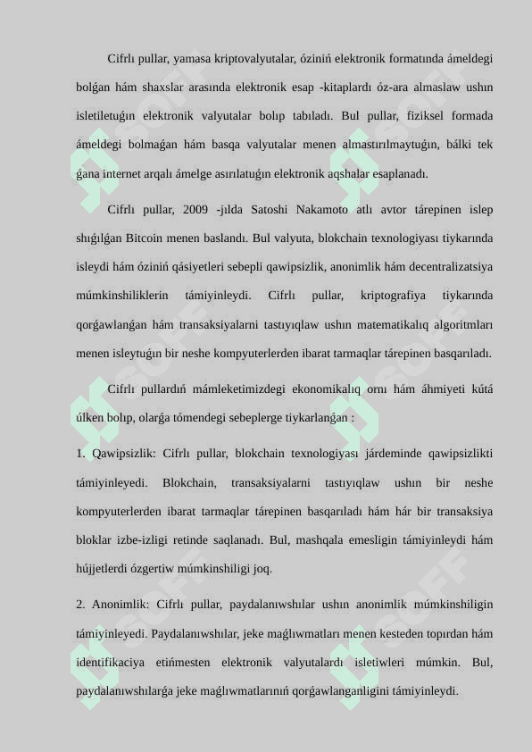 Cifrlı pullar hám olardıń mámlekettegi ekonomikalıq ornı hám áhmiyeti 2