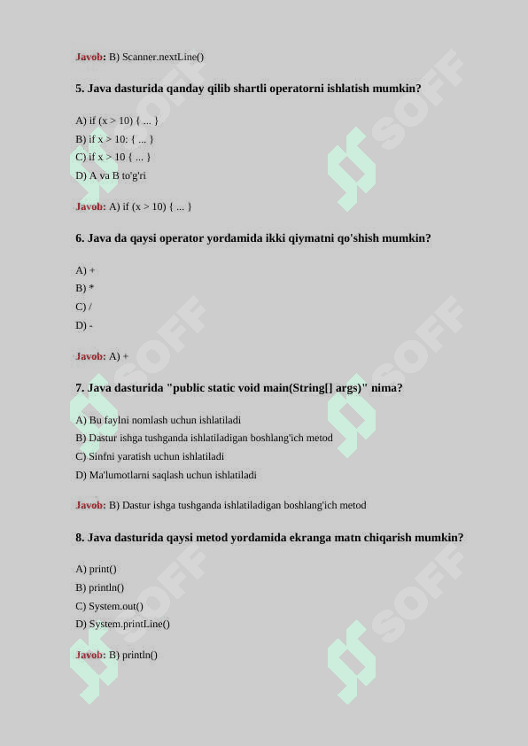 Java dasturlash boʻyicha 30 ta test savollari javoblari bilan 2