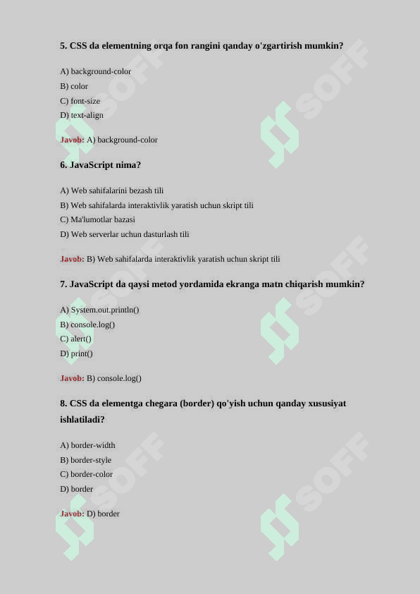 Web dasturlash boʻyicha 30 ta test savollari javoblari bilan 2