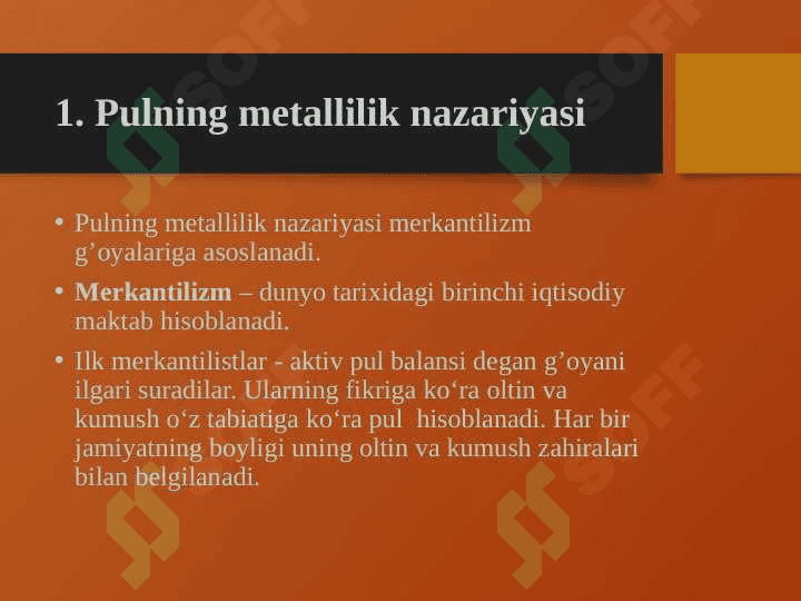 PULNING NAZARIYALARI(metallilik nazariyasi, nominallik nazariyasi, miqdoriylik nazariyasi, Zamonaviy monetarizm nazariyasi) haqida 14 betdan iborat taqdimot(prezentatsiya) 2