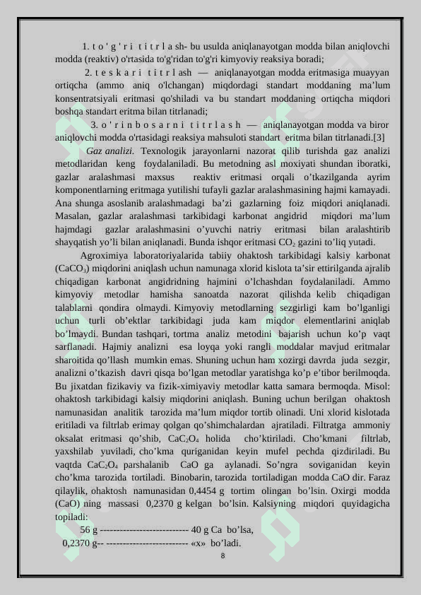 MIQDORIY ANALIZ.  NATIJALARNI  HISOBLASH 8