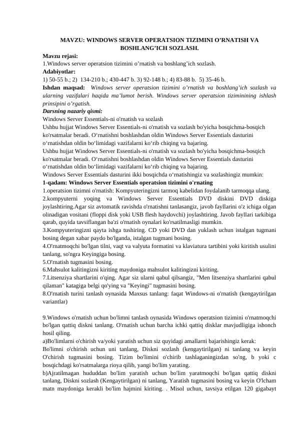 WINDOWS SERVER OPERATSION TIZIMINI O’RNATISH VA BOSHLANG’ICH SOZLASH.