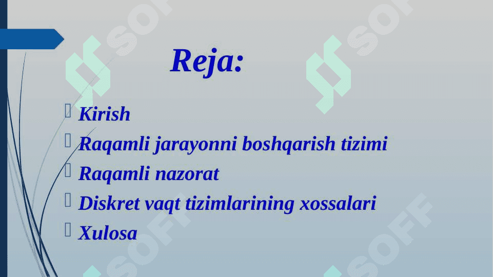 Raqamli boshqaruv tizimlari. Diskret vaqt funksiyalari tahlili uchun laplas o’zgarishlarining qo’llanilishi 2