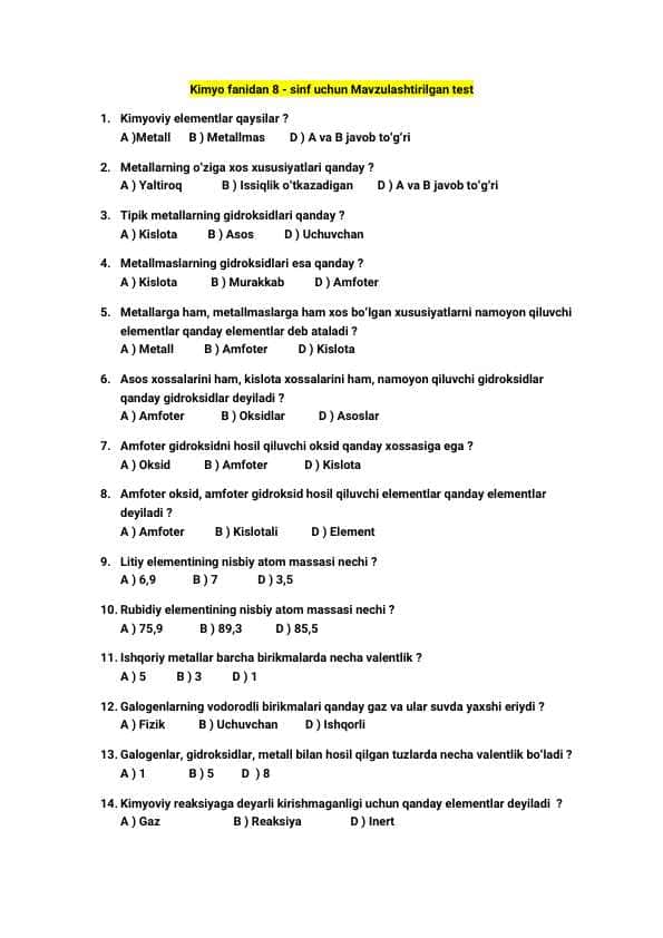 Kimyo fanidan test savollari javoblari bilan / 8-sinf uchun
