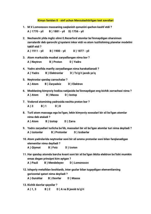 Kimyo fanidan test savollari javoblari bilan / 8-sinf uchun