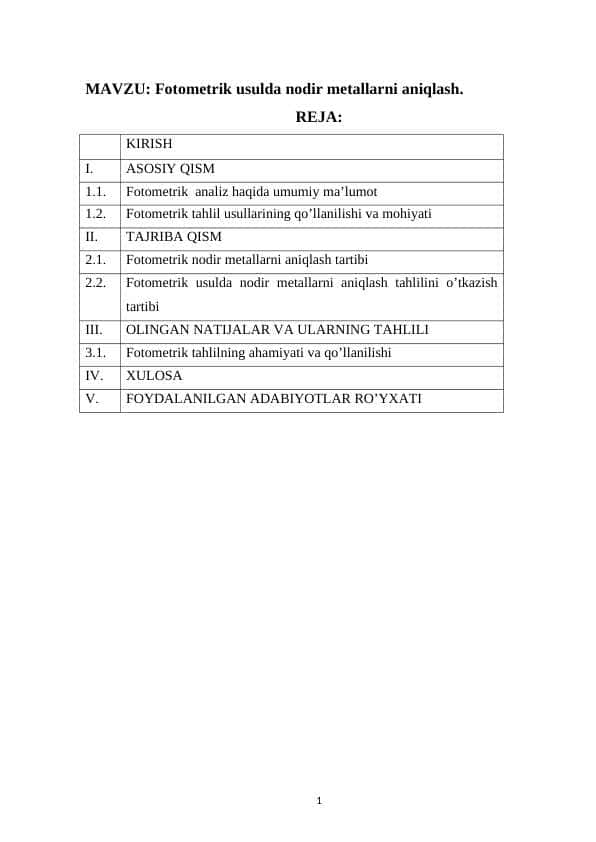 Fotometrik usulda nodir metallarni aniqlash