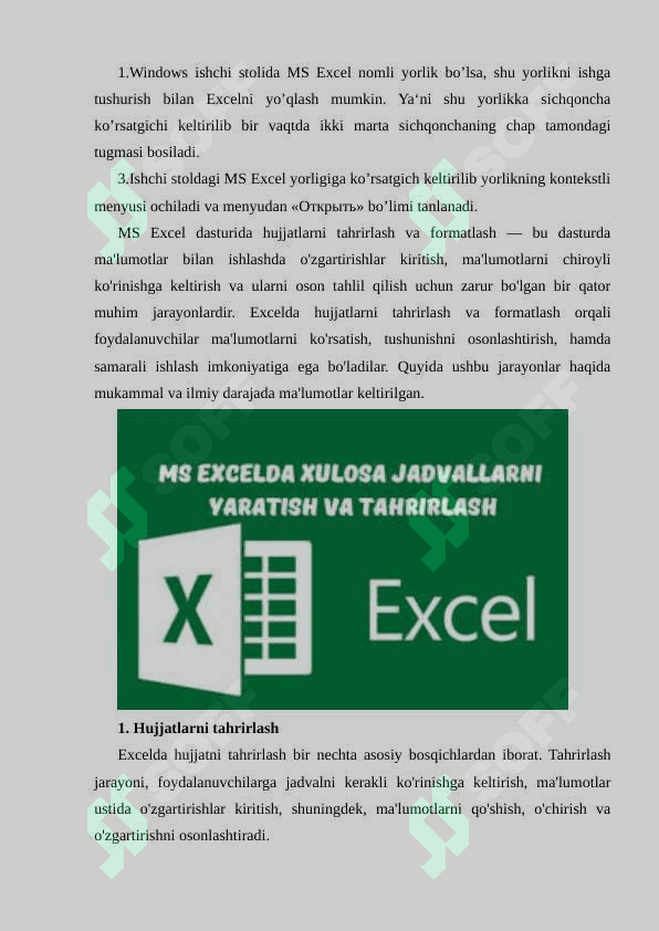 MS EXCEL DASTURIDA HUJJATLARNI TAHRIRLASH VA FORMATLASH 3
