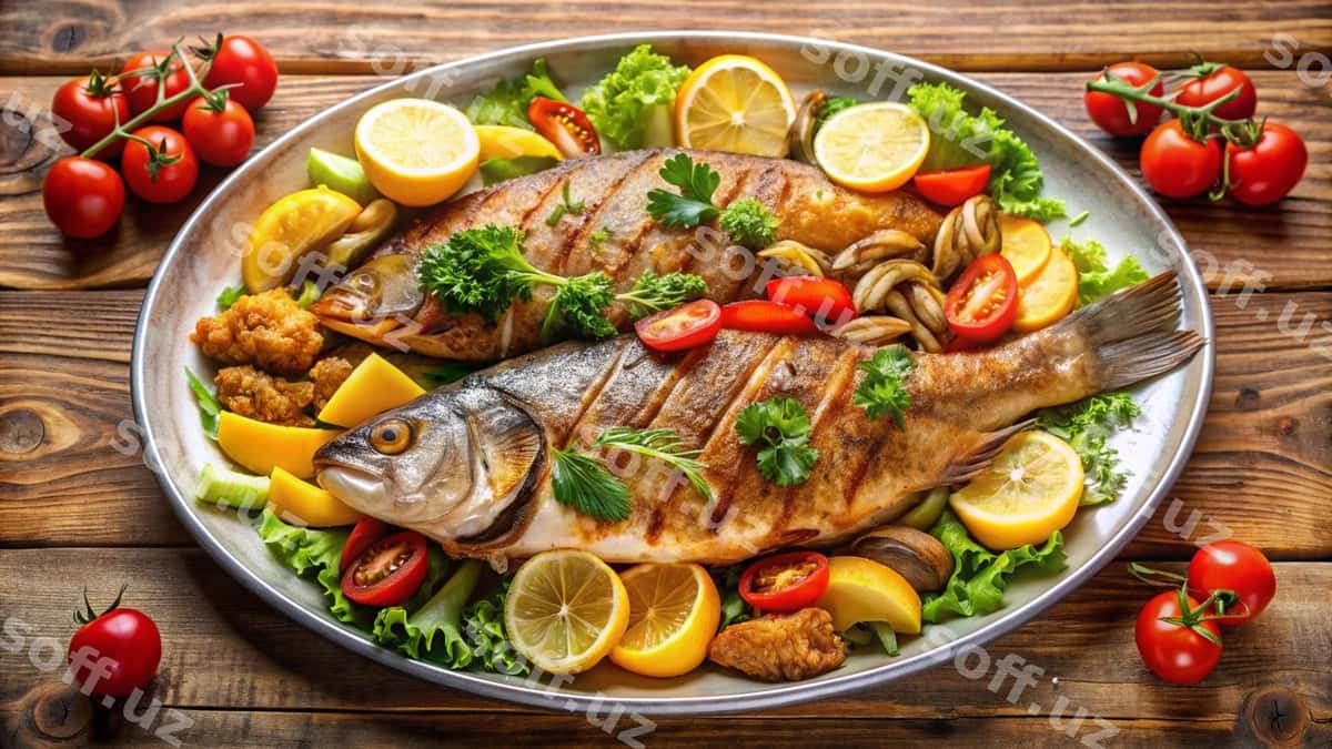 Baliq xizmat ettiriladi limonlar va sabzavotlar bilan | Fish is served with lemons vegetables 1