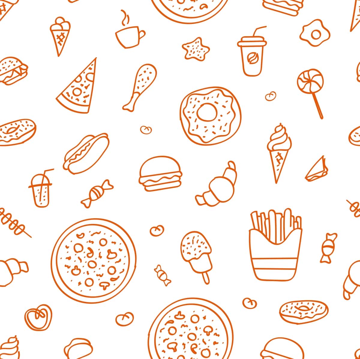 Choksiz naqshli tez tayyorlanadigan taomlar to'plami qo'lda chizilgan | Seamless pattern fast food hand drawn set 1