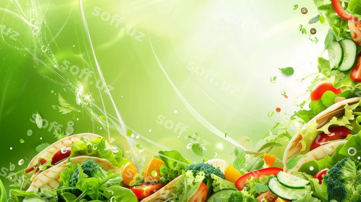 Yangi binofa salat yashil orqa fonda | Fresh vibrant salad with green background 1