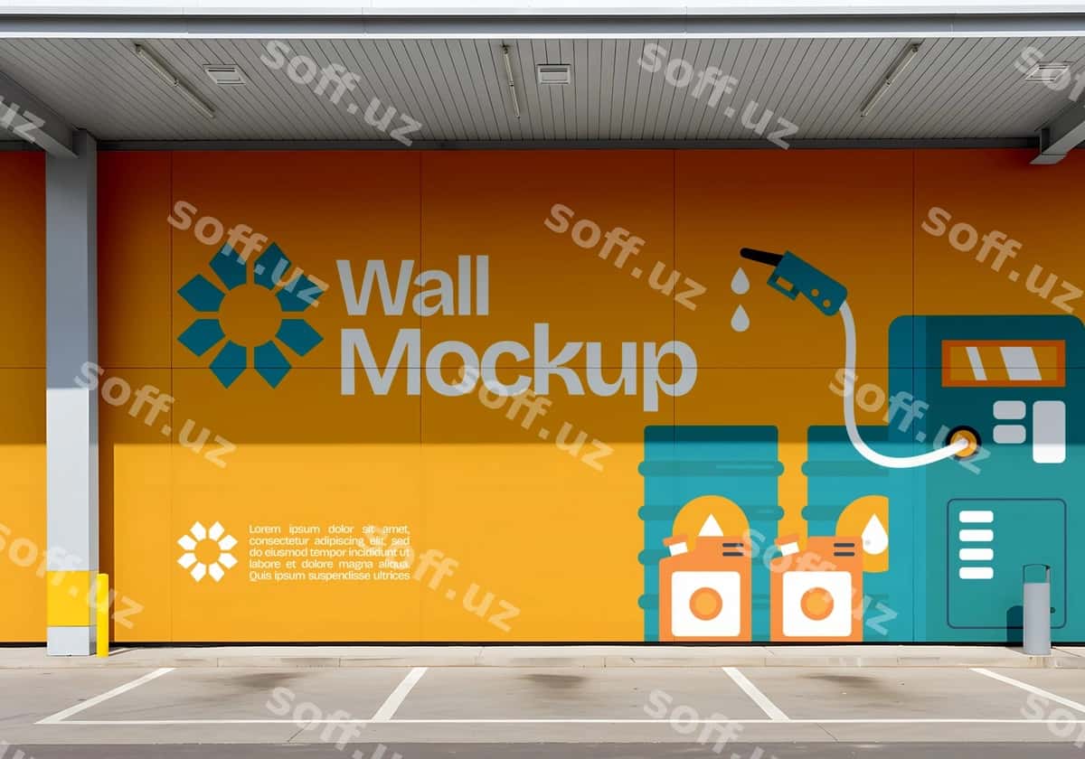 Yoqilg'i quyish shoxobchasi devori maketi reklamasi | Gas station wall mockup advertisement 1