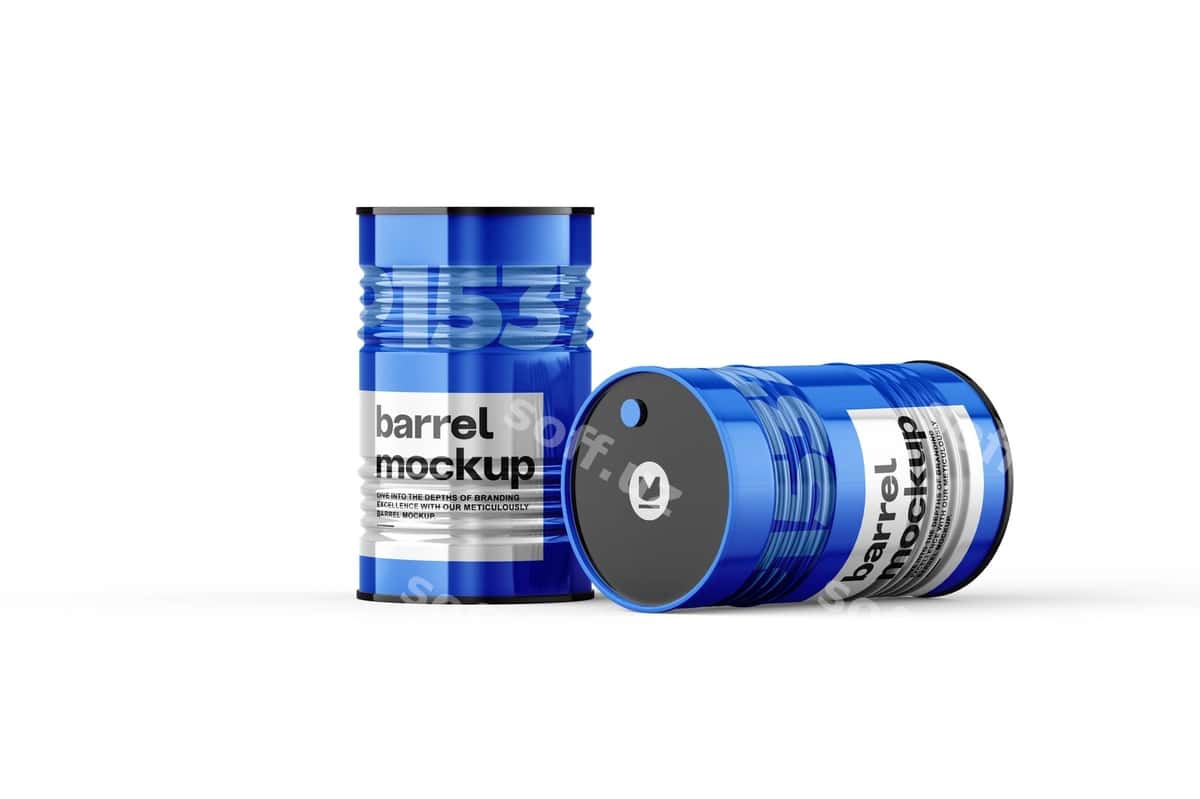 Metallik yogʻochi sharobi mockup | Glossy metal oil barrel mockup 1