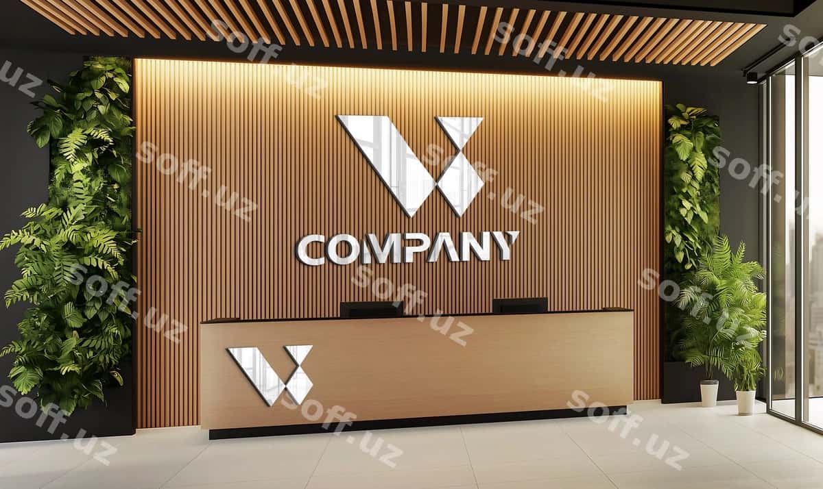 Oltin ofis qabul mezoni logotip mockup | Gold office reception desk logo mockup 1